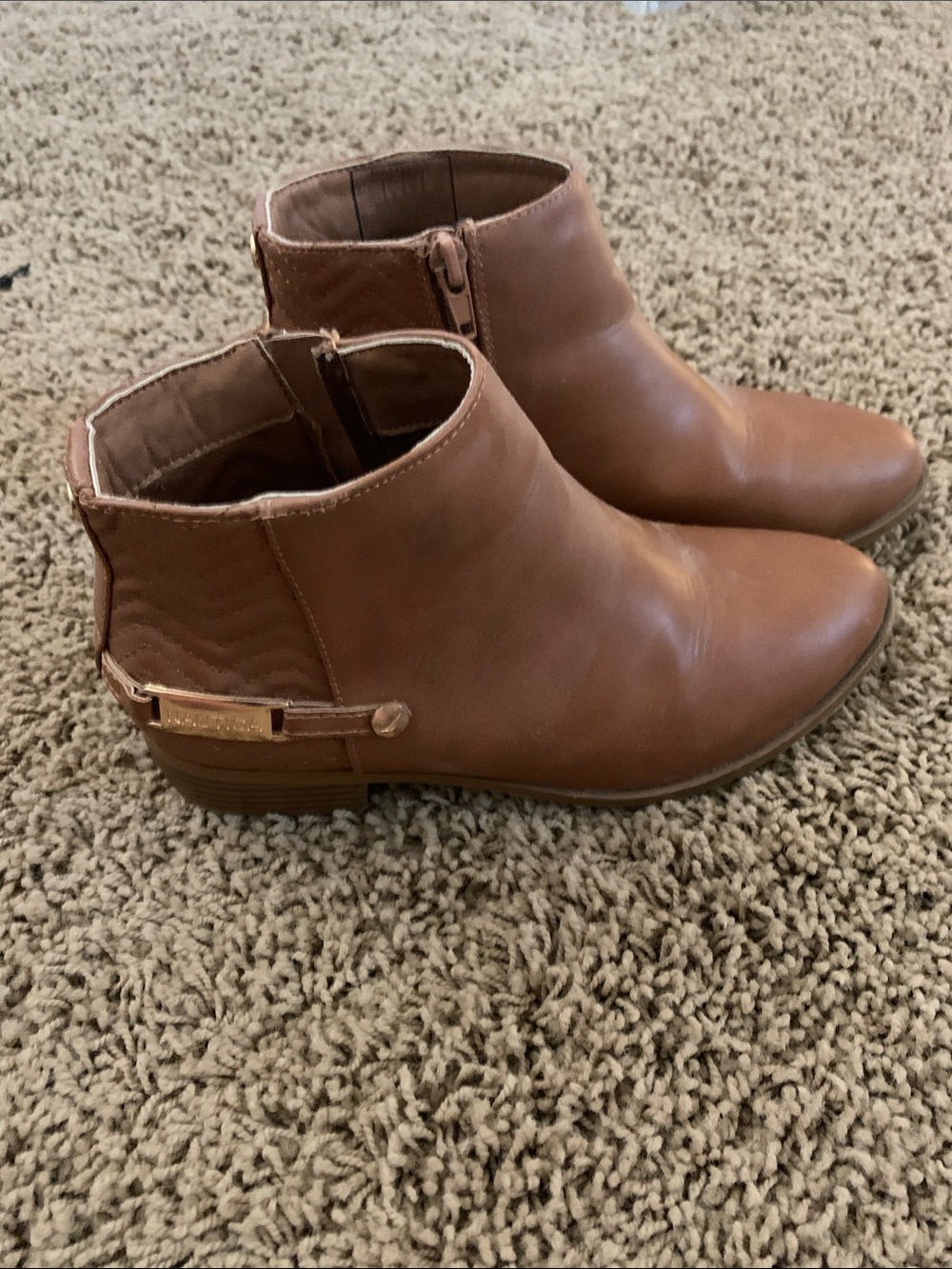 Nautica Tan Brown Leather Ankle Booties with Side Zip